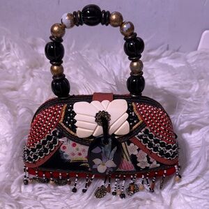 Mary Frances Handcrafted Black and Red Beaded Floral Accent Women's Handbag